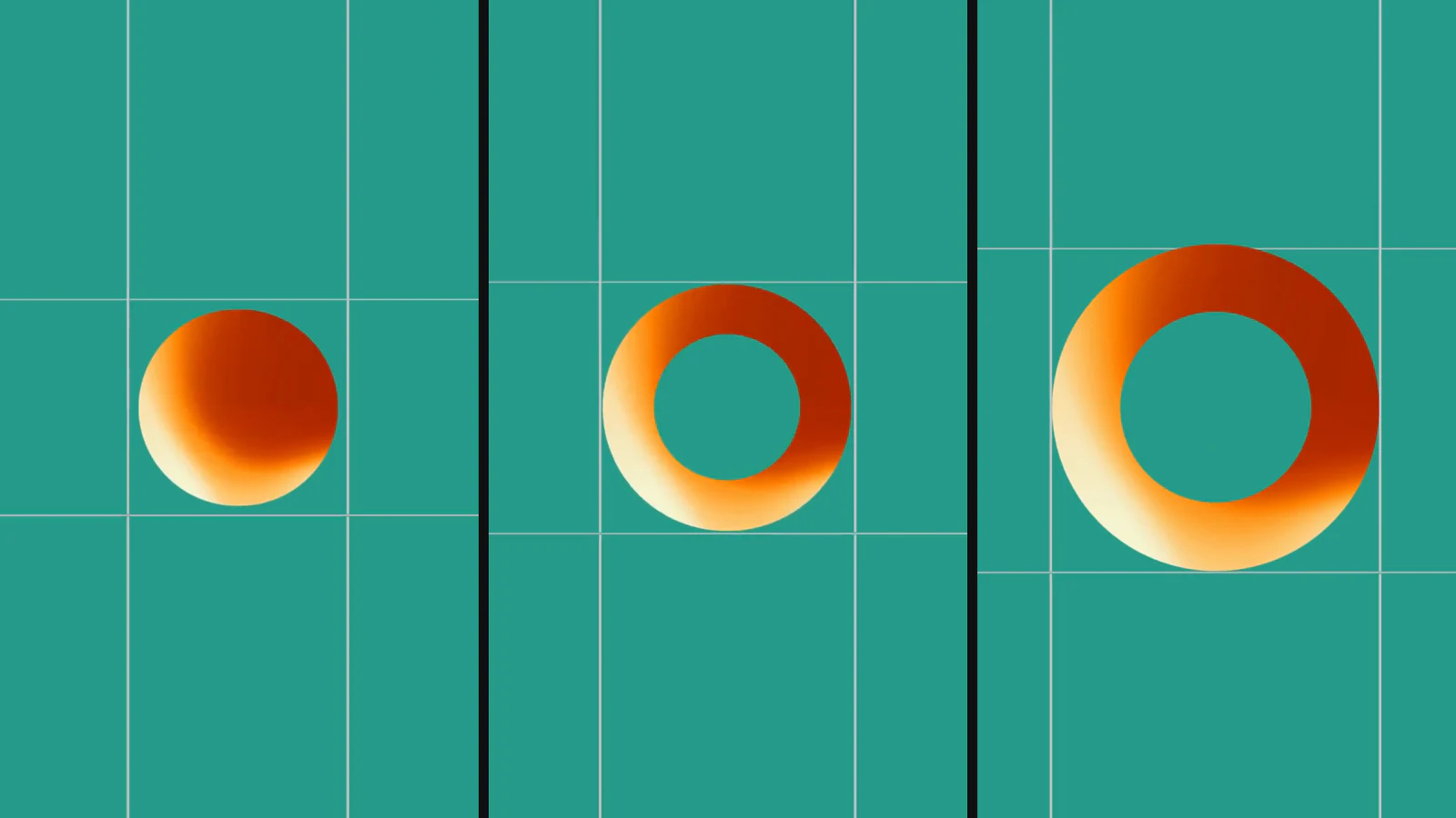 Three frames of a sphere animating into a ring.