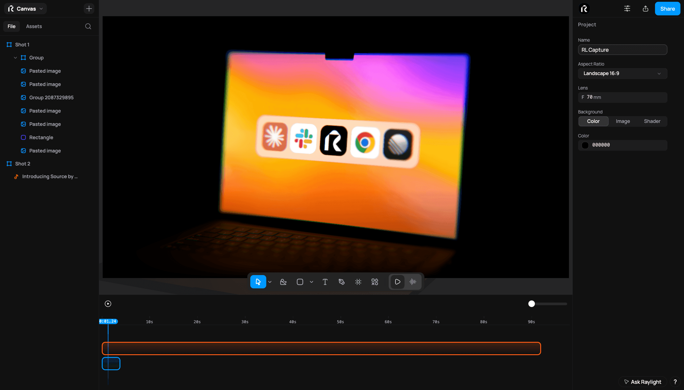 The Raylight editor with a laptop scene open on the canvas