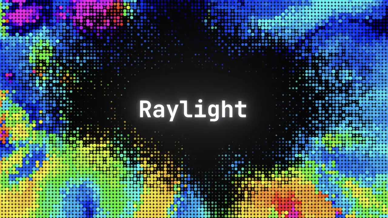 The word Raylight glowing over a colorful dot pattern.