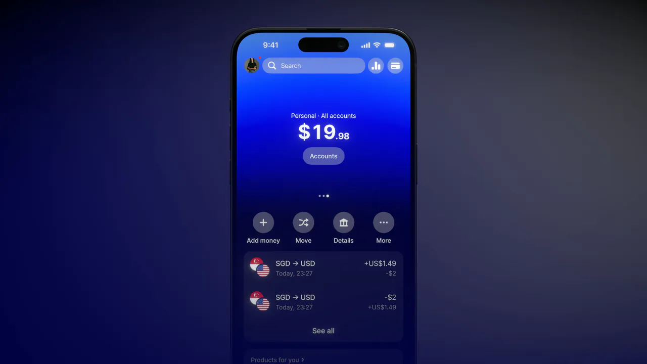 A phone app standing upright on a dark blue backdrop.