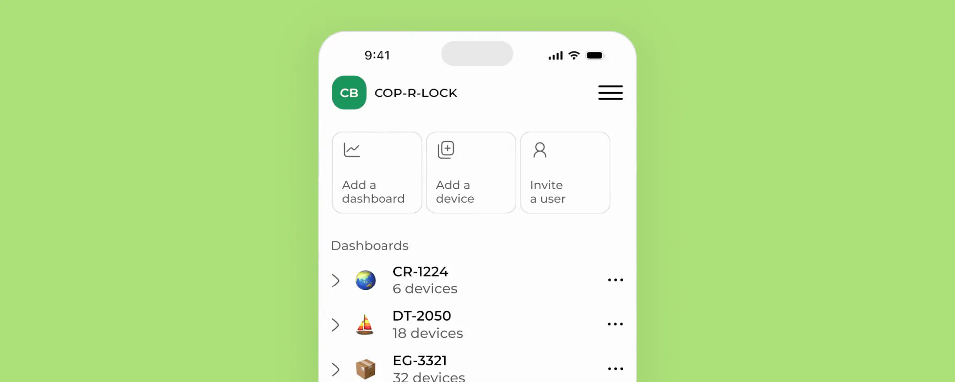 A phone app with a dashboard list, centered on a bright green background.
