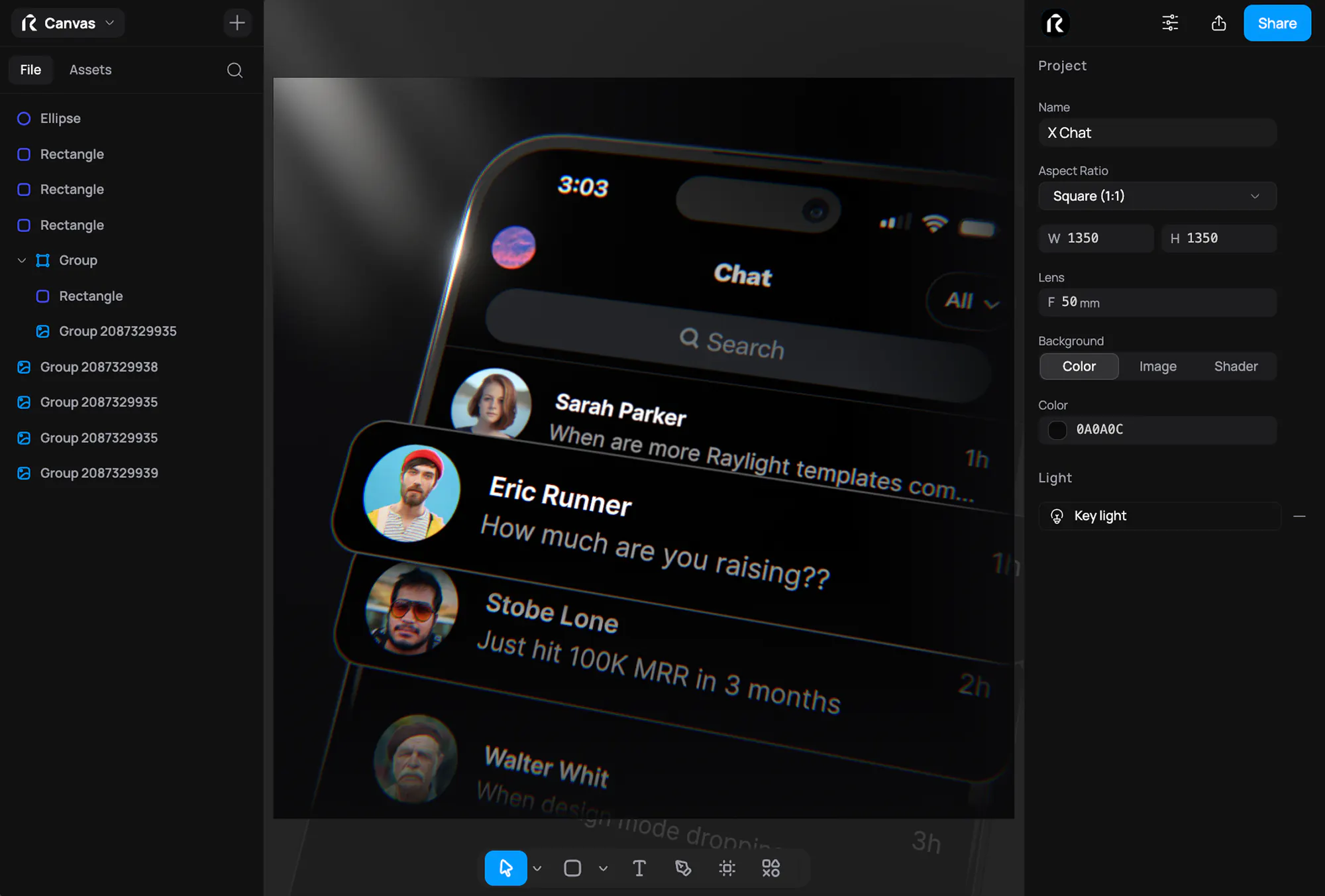 Raylight canvas with an iPhone chat mockup and three teammates' cursors