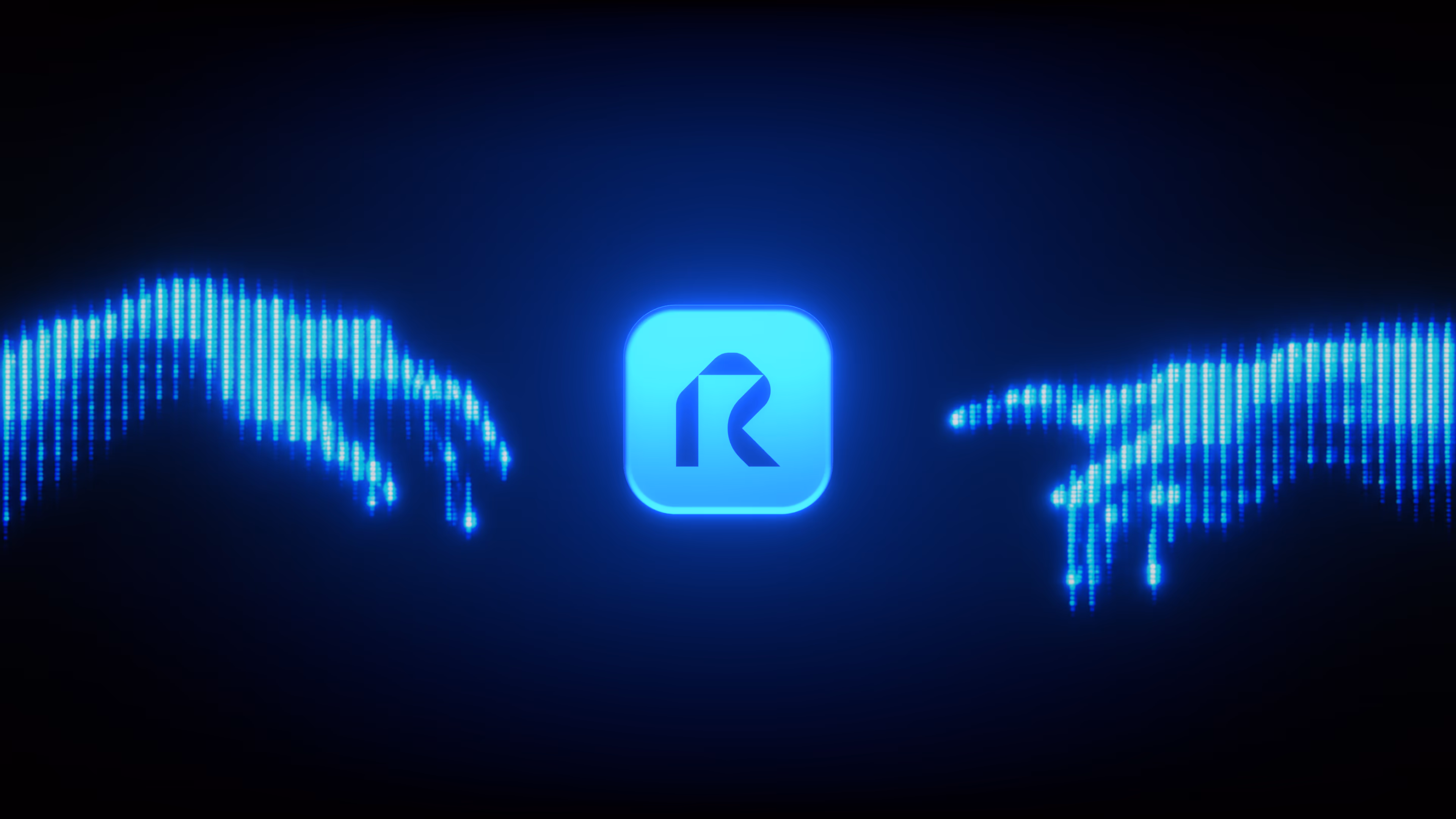 Two hands made of light reaching toward a glowing Raylight app icon
